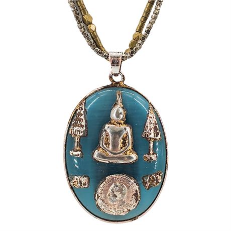 Vintage Thai Buddhist Cat's Eye Pendant Necklace