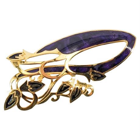 Large Vintage Edgar Berebi Purple Enamel Gold Tone Brooch