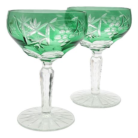 Pair Bohemian Emerald Cut-to-Clear Crystal Grape Cocktail Glasses