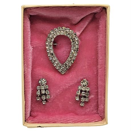 Vintage Rhinestone Brooch and Earring Set, New in Box