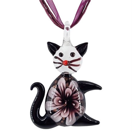 Vintage Lampwork Art Glass Cat Pendant Necklace