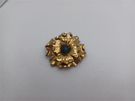 Vintage JHS gold filled floral brooch blue stone