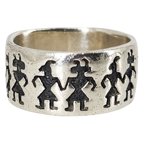 Vintage Sterling Silver Native Figures 9.5mm Band Ring, Sz 7.5
