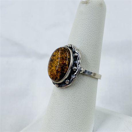 Vtg Baltic Amber Sterling Ring Size 7
