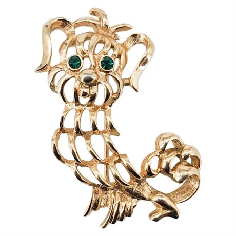 Vintage 1972 AVON Pekinese Dog Brooch w/ Rhinestone Eyes
