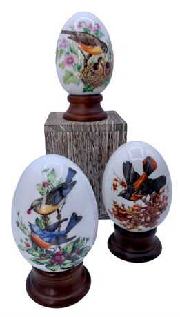 3 Lovely Seasonal Bird Porcelain Eggs & Wood Stands