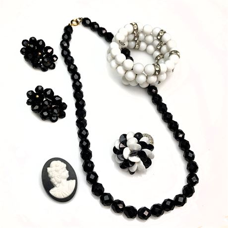 Vintage Black Glass Necklace & Earrings, Disc Ring, Cameo Pin & White Bracelet