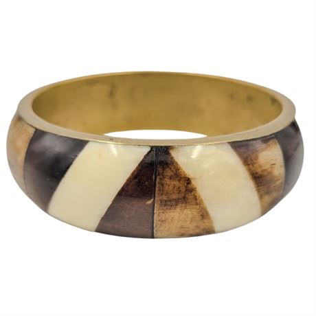 Vintage Gold Tone and Bone Inlay Chunky Bangle Braclet