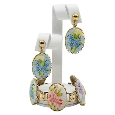 Vintage Hand Painted Floral Bracelet & Screwback Earrings Set
