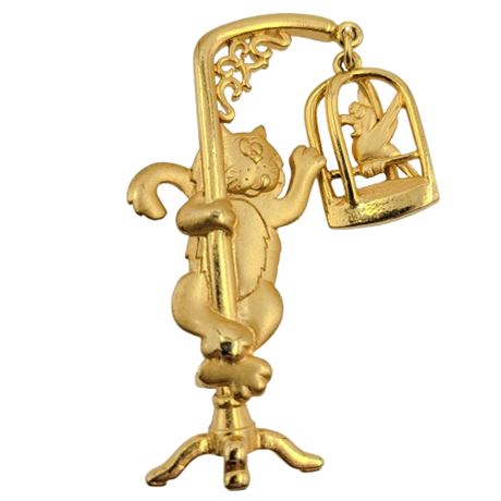 Vintage Signed JJ Jonette Gold Tone Cat and Bird Cage Dangle Brooch