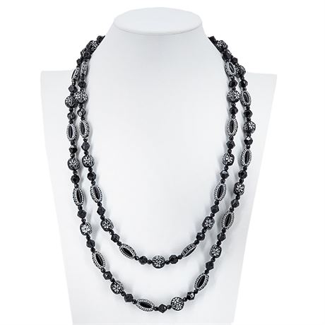 Vintage Long Black Plastic Beaded Necklace w/ Silver Painted Floral Details