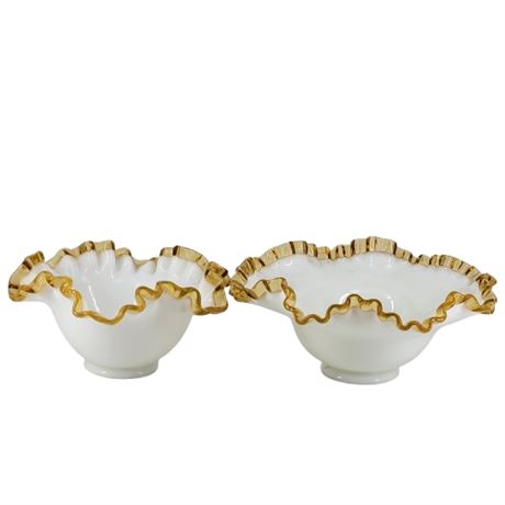 Vintage Pair Fenton Milk Glass Gold Crest Ruffle Bowls