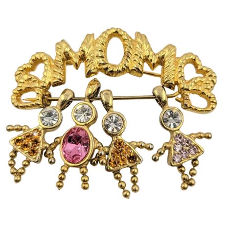 Vintage Gold Tone "Mom" Brooch with 4 Children Charms