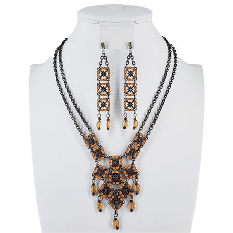 Modern Antiqued Brass & Enamel Necklace & Earrings Set