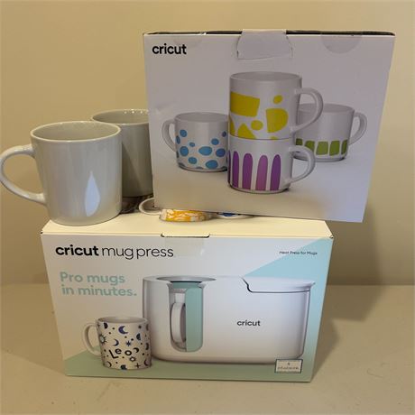 NIB Cricut Mug Press with NIB Stackable Ceramic Mugs and 2 Blank Mugs