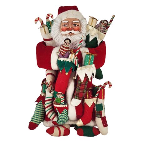 Handmade Stuffed Old Fashioned Santa Hanging Wall Ornament w/ Stockings