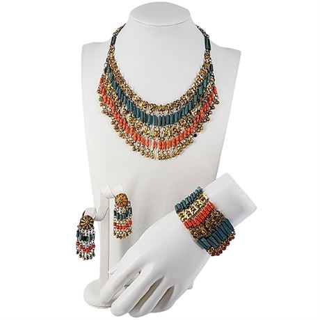 Egyptian Revival Faience Bib Necklace, Bracelet & Clip Earrings Set