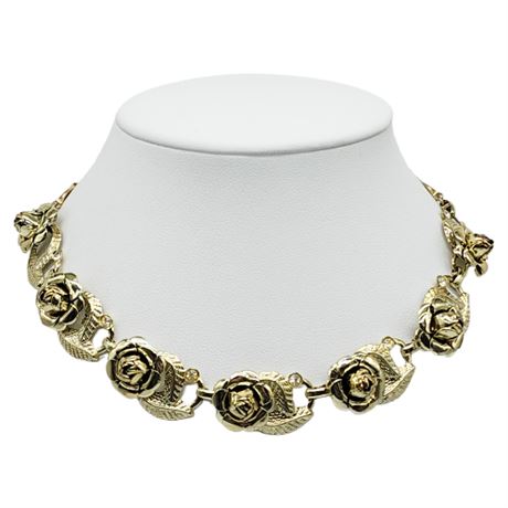 Vintage Gold Tone 3D Roses & Rhinestones Choker Necklace