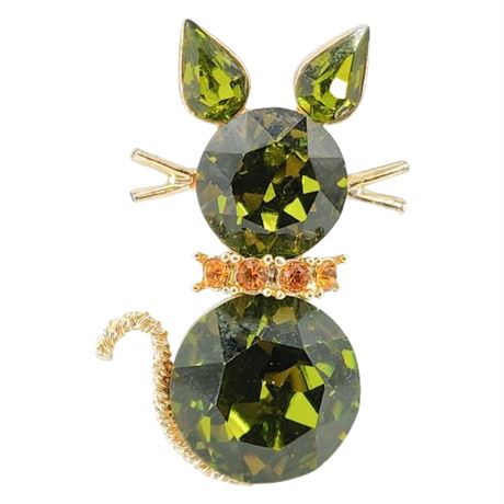 Vintage DODDS Green Rhinestone Cat Brooch