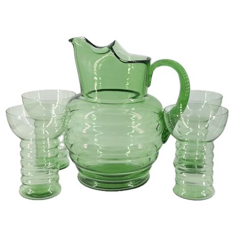 Vintage Dunbar Glass Company Green "Aramis" Pitcher Set with Four Glasses.