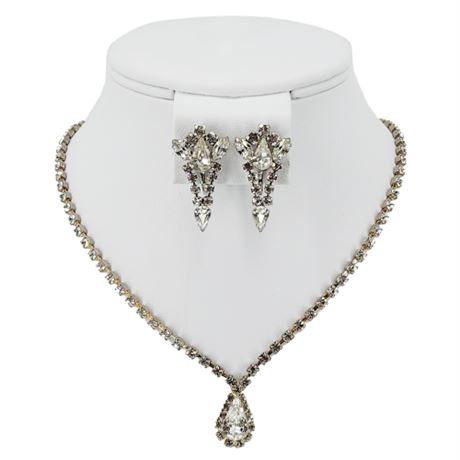 Vintage Prong Set Clear Rhinestone Necklace & Screwback Earrings