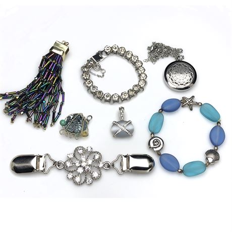 Essential Oil Pendant, Rhinestone Bracelet, Geode Pendant, Glass Charm Bracelet