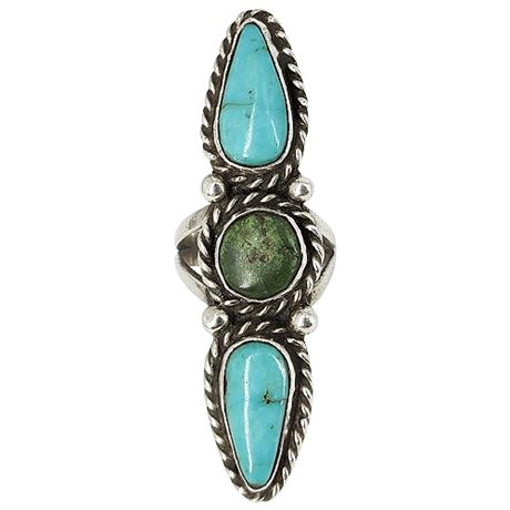 Vintage Native American Sterling Silver Triple Stone Turquoise Ring, Sz 6