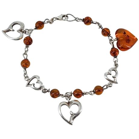 Sterling Silver & Genuine Amber Hearts Bracelet