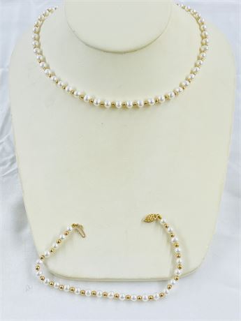 14k Gold Bead + Pearl Necklace + Bracelet Set