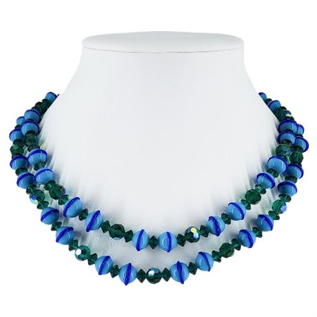 Vintage 2-Strand Art Glass & Aurora Borealis Crystal Beaded Necklace