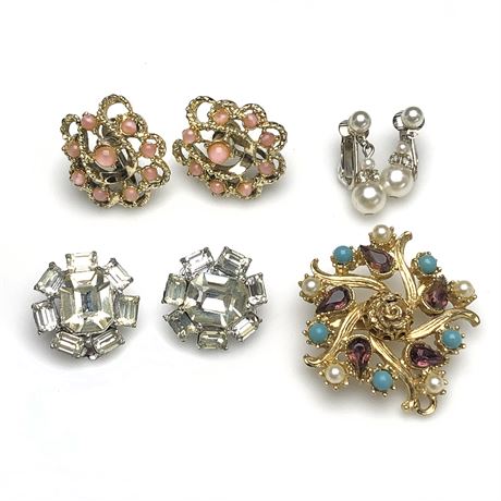 Vintage Purple & Blue Brooch, Icy Rhinestone Earrings, Pink Moonglow Earrings