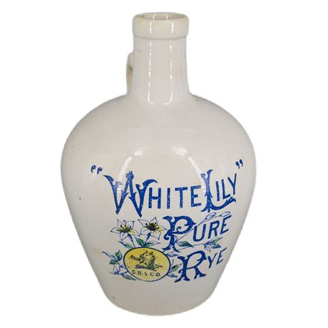 Vintage C. 1900 White Lily Pure Rye SB & Co. Jug Blue Yellow