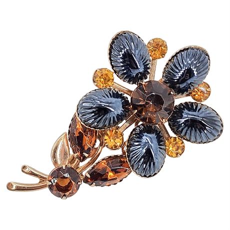 Vtg Prong Set Topaz Rhinestone & Molded Glass Flower Brooch
