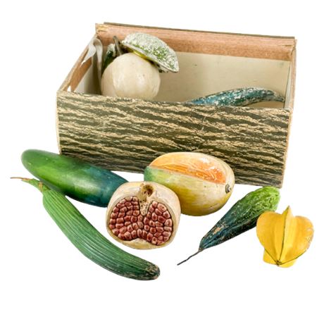 RARE Tropical Chalkware Fruits in Original Cardboard Chest w/ Notes