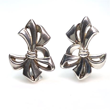 Vintage Sterling Silver Flowing Bow Design Screw Back Earrings