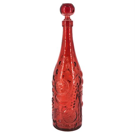 13 Inch Flashed Red Glass Bottle w/ Fruit Design & Stopper