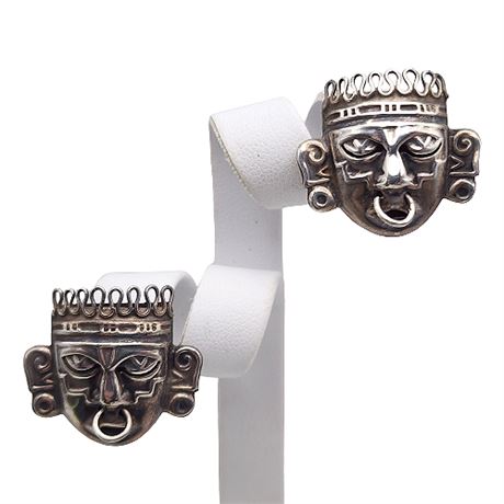 Signed Sterling Silver Mayan Warrior Screwback Earrings