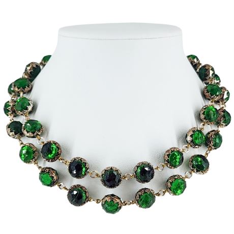 Vintage West German 2-Strand Green & Gold Tone Beaded Necklace