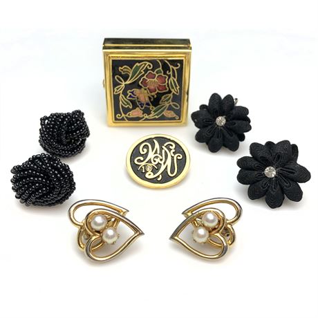 Vintage Cloisonne Enamel Trinket Box, Black Beaded & Heart Earrings
