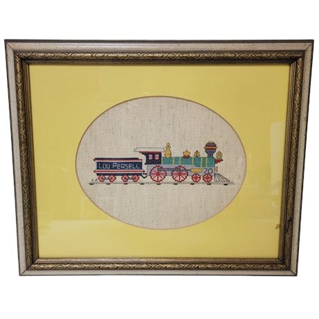 Framed Lou Persell Cross Stitch Train