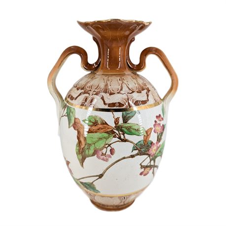 Antique Buffalo Pottery 1906 Floral Double Handle Vase Gold Trim