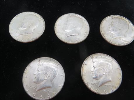 Five 1964 Kennedy Half Silver Dollars