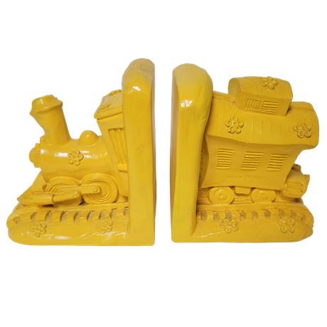 Signed Bright Yellow Plaster Train Bookends