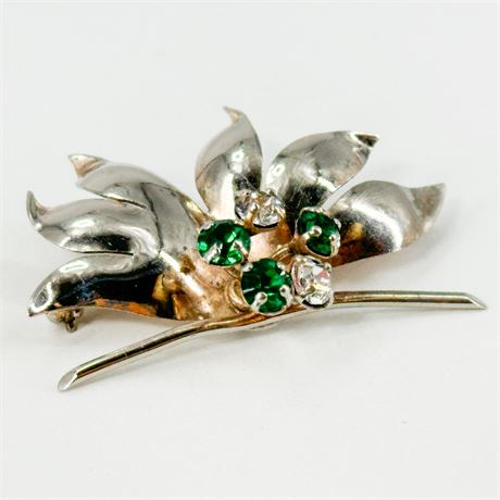 Vintage Sterling Silver & Rhinestone Floral Brooch