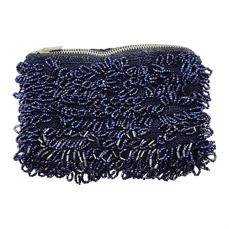 Vintage Small Blue Oil Slick Aurora Beaded Crocheted Zip Top Pouch