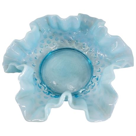 Vintage Fenton Blue Opalescent Hobnail Ruffle Rim Candy Dish