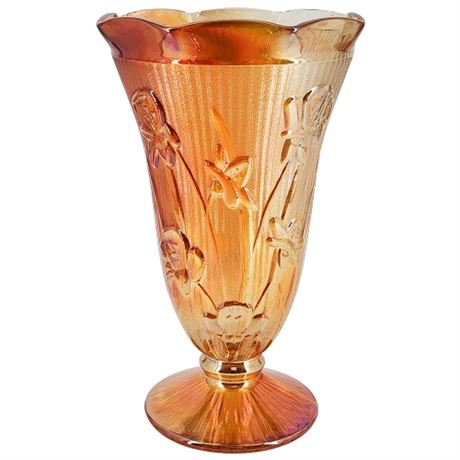 Vintage Jeannette "Iris & Herringbone" Marigold Carnival Glass Footed Vase
