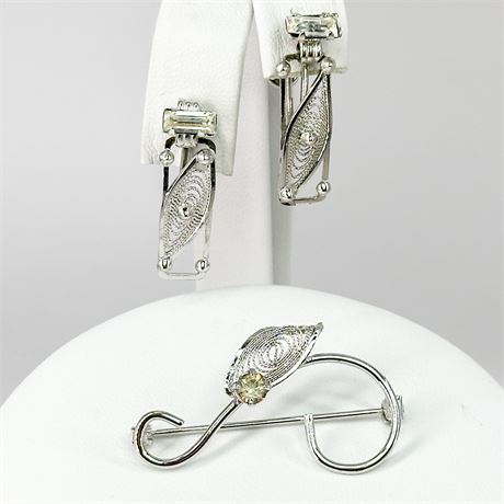Vintage Jim Lee Sterling Silver and Crystal Brooch and Earring Set