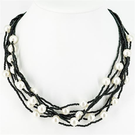 Vintage Faux Pearl & Black Beaded Multi-Strand Necklace