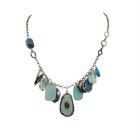Silver Tone and Blue Stone Dangle Necklace